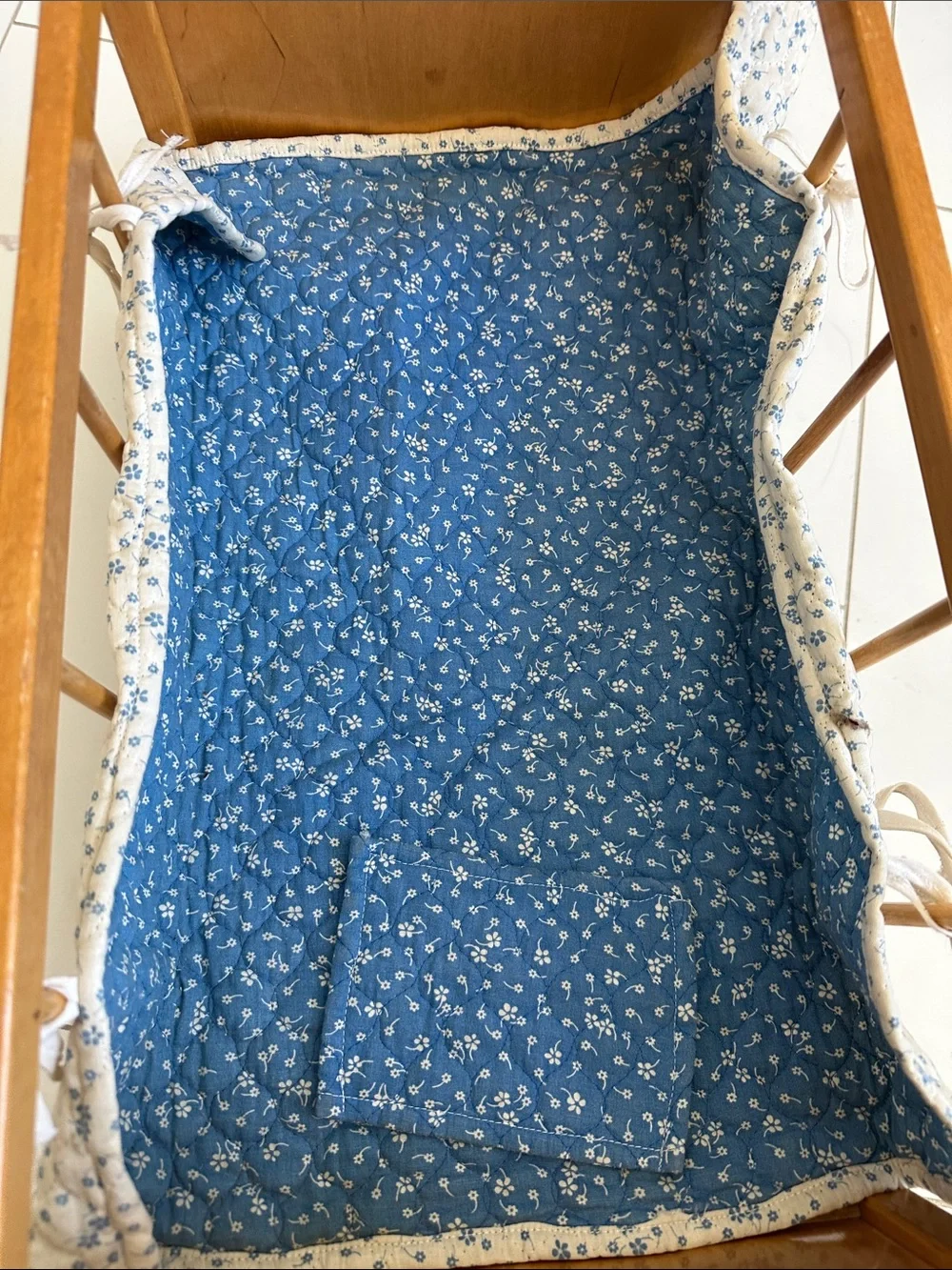 Vintage Blue Floral Crib Liner for Doll Cradle - Blue wooden